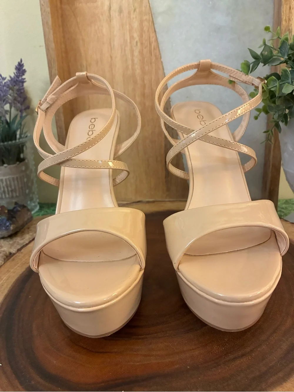 bebe Nude Patent Platform Stiletto Sandals